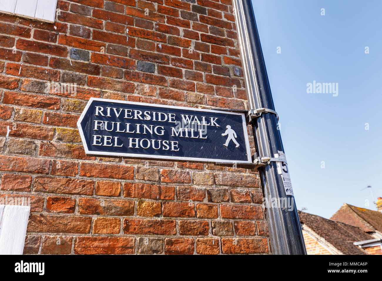 Sign pointing to the Riverside Walk, Fulling Mill and Eel House, local walks & attractions in New Alresford, a small town or village in Hampshire, UK Stock Photo