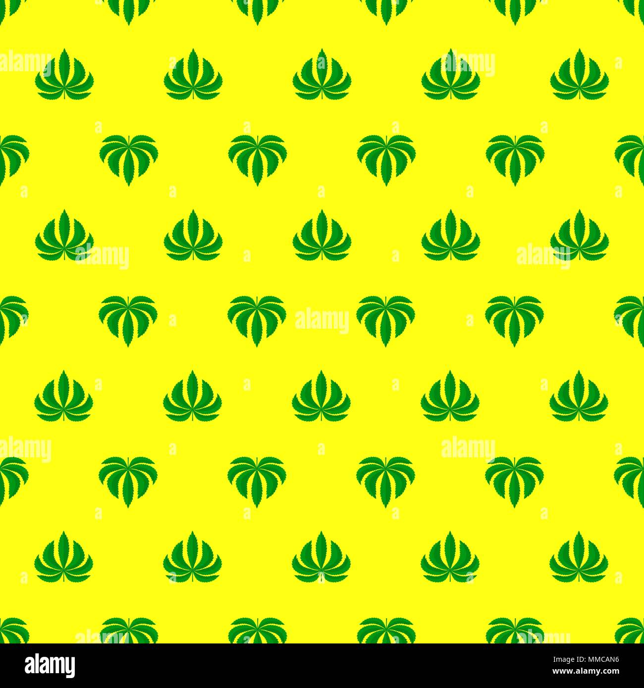 Marijuana ganja heart shape weed hemp leafs seamless vector pattern yellow background Stock Vector