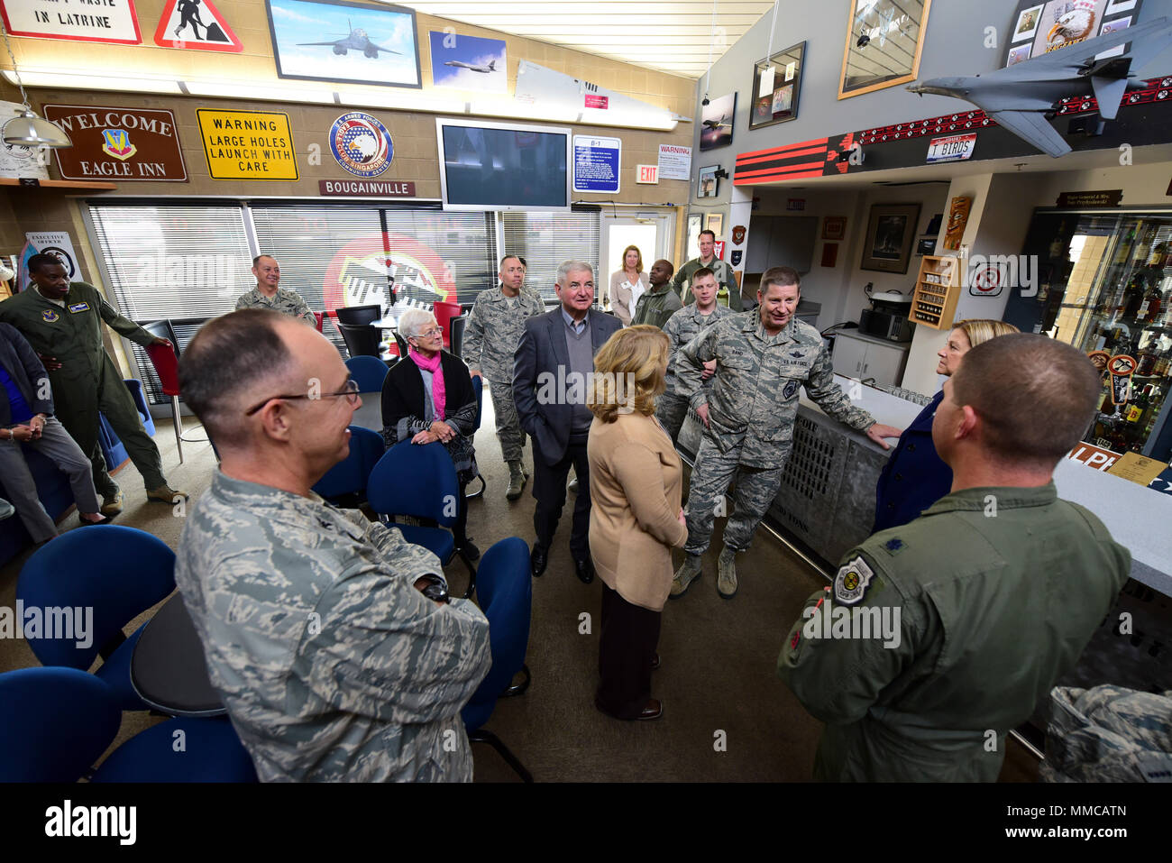 Senior leaders tour the 34th Bomb Squadron Heritage Room during a visit to Ellsworth Air Force