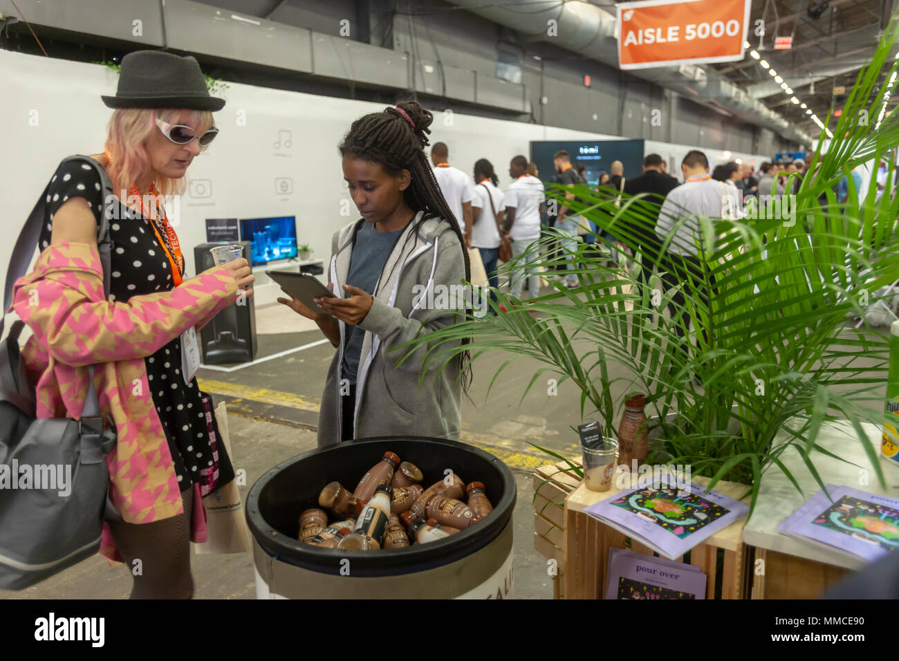 New York, USA. 10th May, 2018. Califia. plant-based milk booth at the TechDay New York event on Thursday, May 10, 2018. Thousands attended to seek jobs with the startups and to network with their peers, and perhaps to find the next big startup. TechDay bills itself as the U.S.'s largest startup event with over 500 exhibitors and over 20,000 attendees. (© Richard B. Levine) Credit: Richard Levine/Alamy Live News Stock Photo