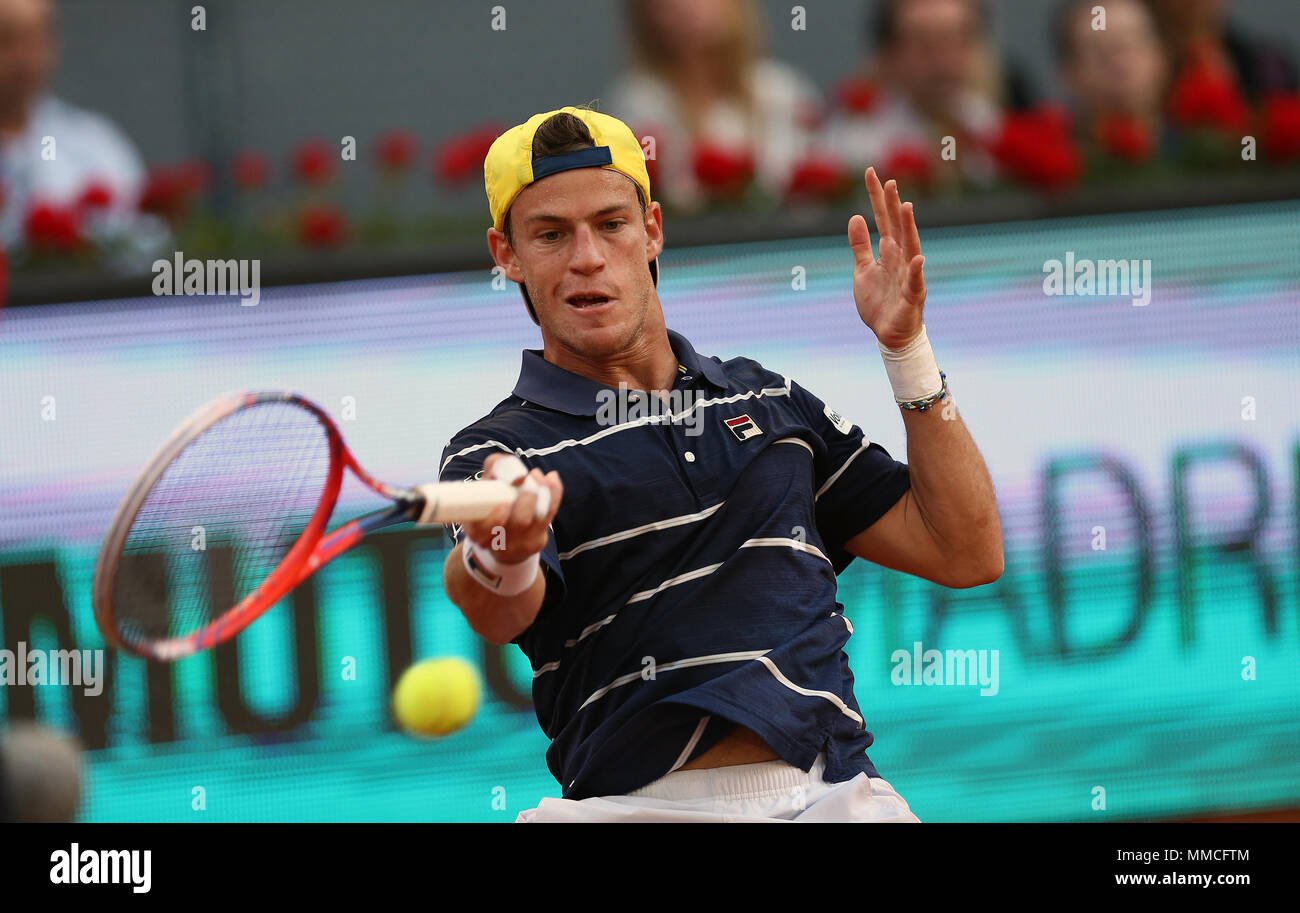 Diego Schwartzman of Argentina plays a forehand against Rafael Nadal of Spain in their third round match during day six of the Mutua Madrid Open tennis tournament at the Caja Magica