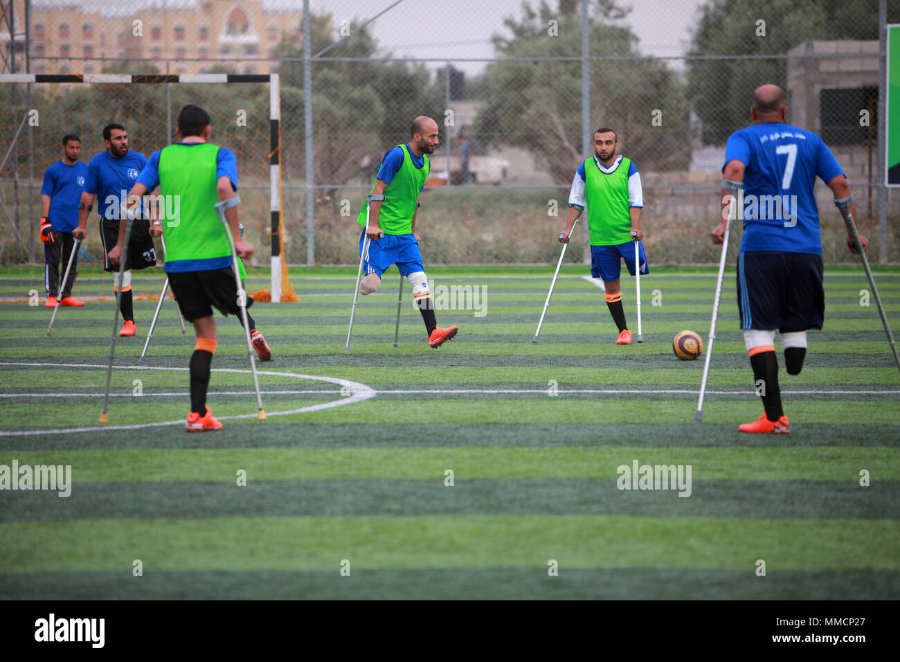 Gaza. 10th May, 2018. Palestinian amputee soccer players take part in a training session of their team at Municipality Stadium in Deir Al Balah, in the central Gaza Strip, on May 10, 2018. For the first time in the Palestinian Gaza Strip, a football team of male amputees was recently formed to lay the foundation for such a sport in the Israeli-blockaded territory. The 12-player team, named 'The Heroes', could be a glimmer of hope for many young people with amputations caused by frequent rounds of violence with Israel and other accidents. Credit: Stringer/Xinhua/Alamy Live News Stock Photo