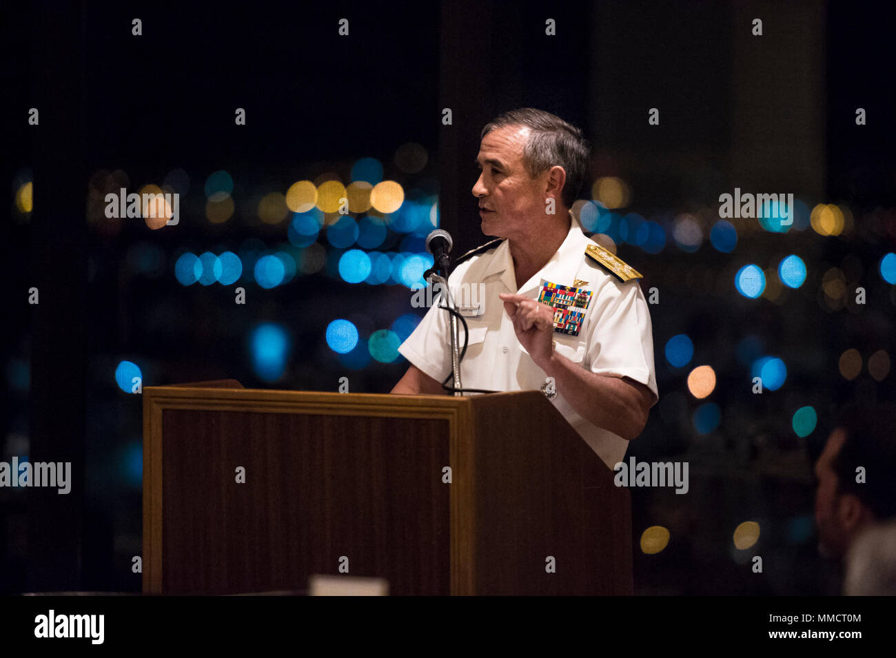 171012-N-WY954-235   HONOLULU (Oct. 12, 2017) – Adm. Harry Harris, Commander U.S. Pacific Command, gives remarks at a dinner for the dedication of the 15th Lone Sailor statue taking place Oct. 13.  The statue will be presented by Commander Navy Region Hawaii, The Navy Memorial Foundation and National Park Service. The Lone Sailor statue is the iconic symbol representing the U.S. Navy Memorial's mission to honor, recognize, and celebrate the men and women of the U.S. Navy. (U.S. Navy photo by Mass Communication Specialist 2nd Class Robin W. Peak) Stock Photo