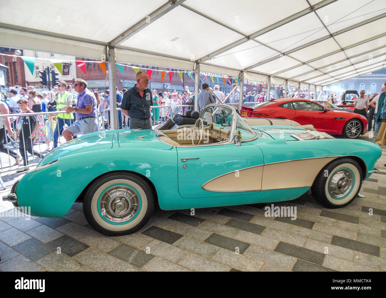 Turquoise Chevrolet Corvette  sports car at the Supercar Event,High Street,Stockton on Tees,England,UK Stock Photo
