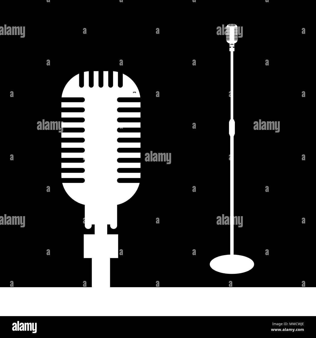 Retro microphone on stand close-up and overall plan. Flat design Stock Vector