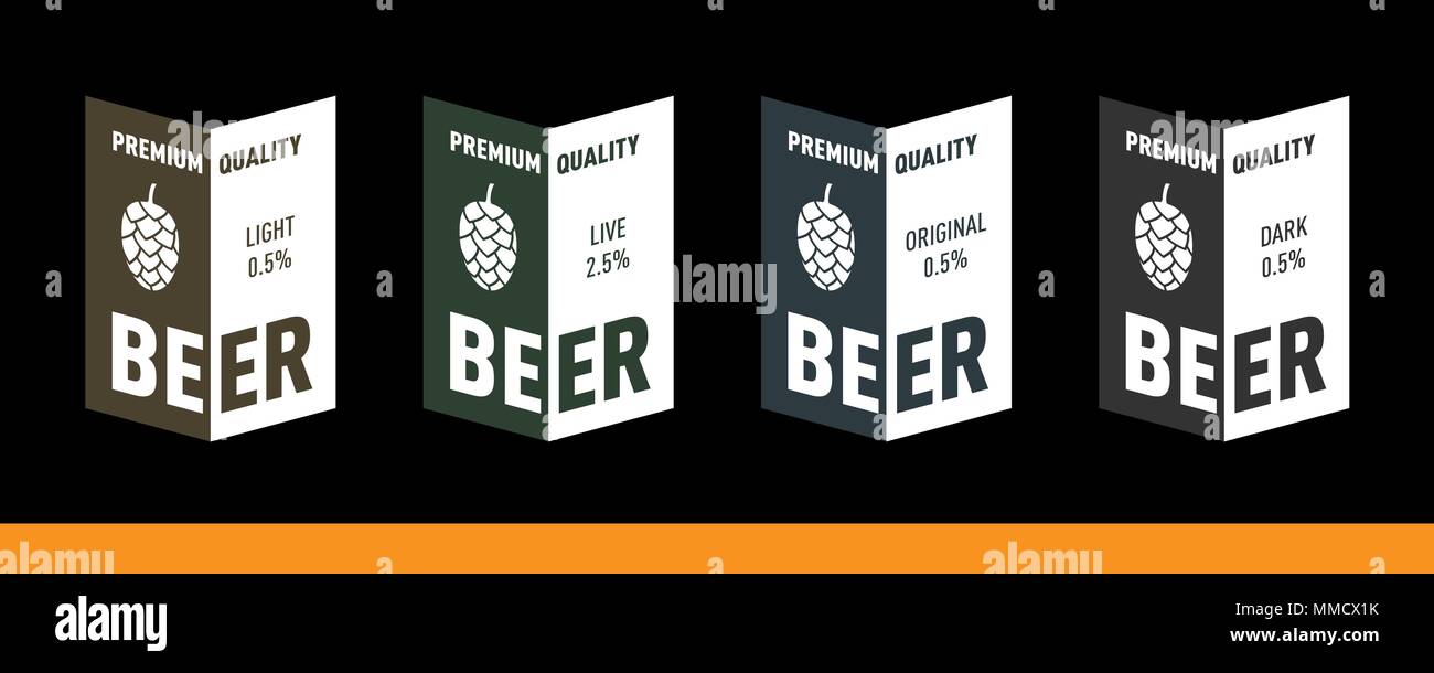 Beer label design with hop. Original, light, live, dark. Vector EPS set Stock Vector