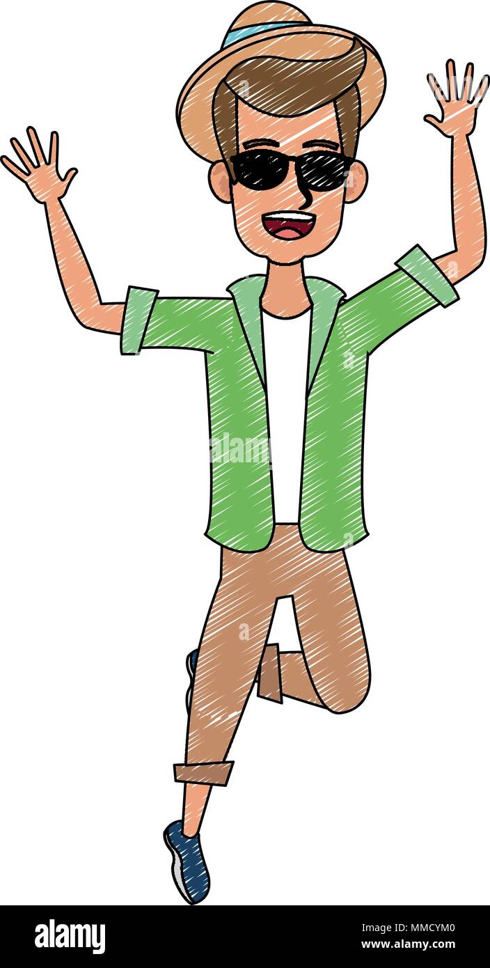 Happy young man jumping scribble Stock Vector