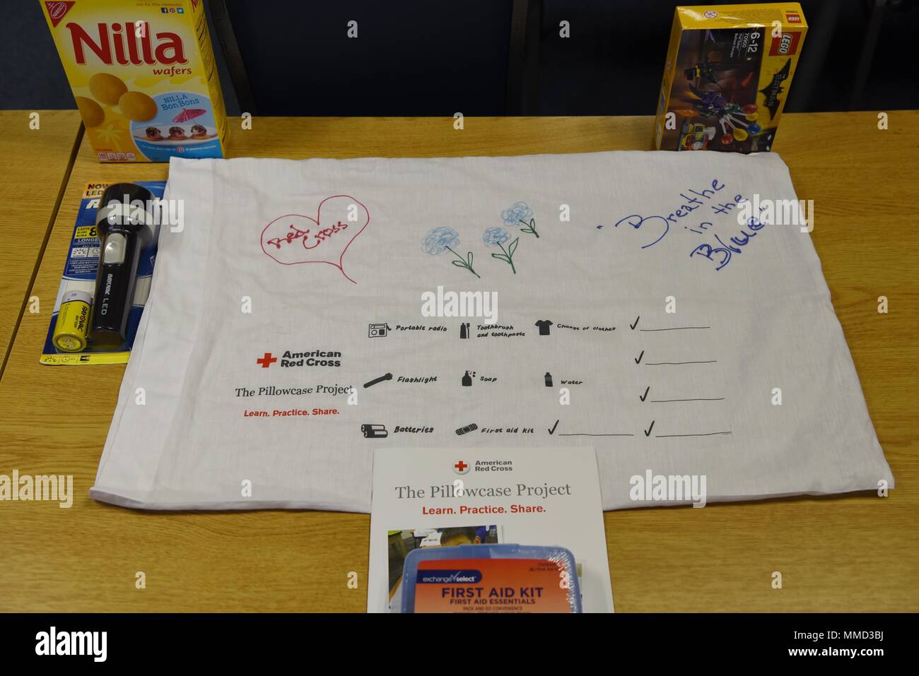 Supplies sit on the table for the Red Cross’s Pillowcase project on