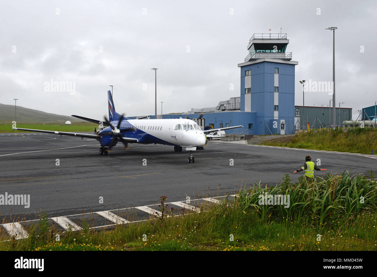 Scatsta airport on the Shetland Islands that support the oil and gas industry by flying workers out to the oil rigs in the north sea Stock Photo