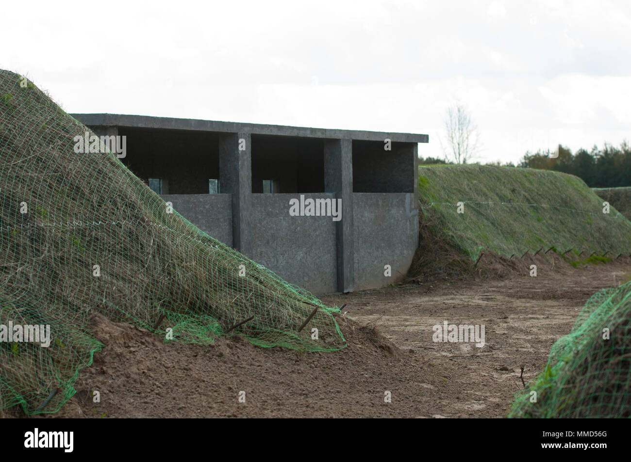 Earthen berms surround a bunker at the Yavoriv Combat Training Center's new grenade range. (Photo by Capt. Kayla Christopher, 45th Infantry Brigade Combat Team) Stock Photo