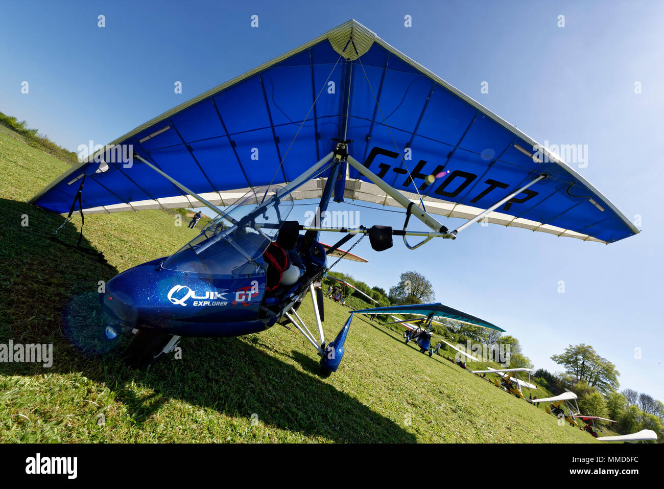 Bright Blue Quik GTR Microlight aircraft G-HOTR parked at Popham ...