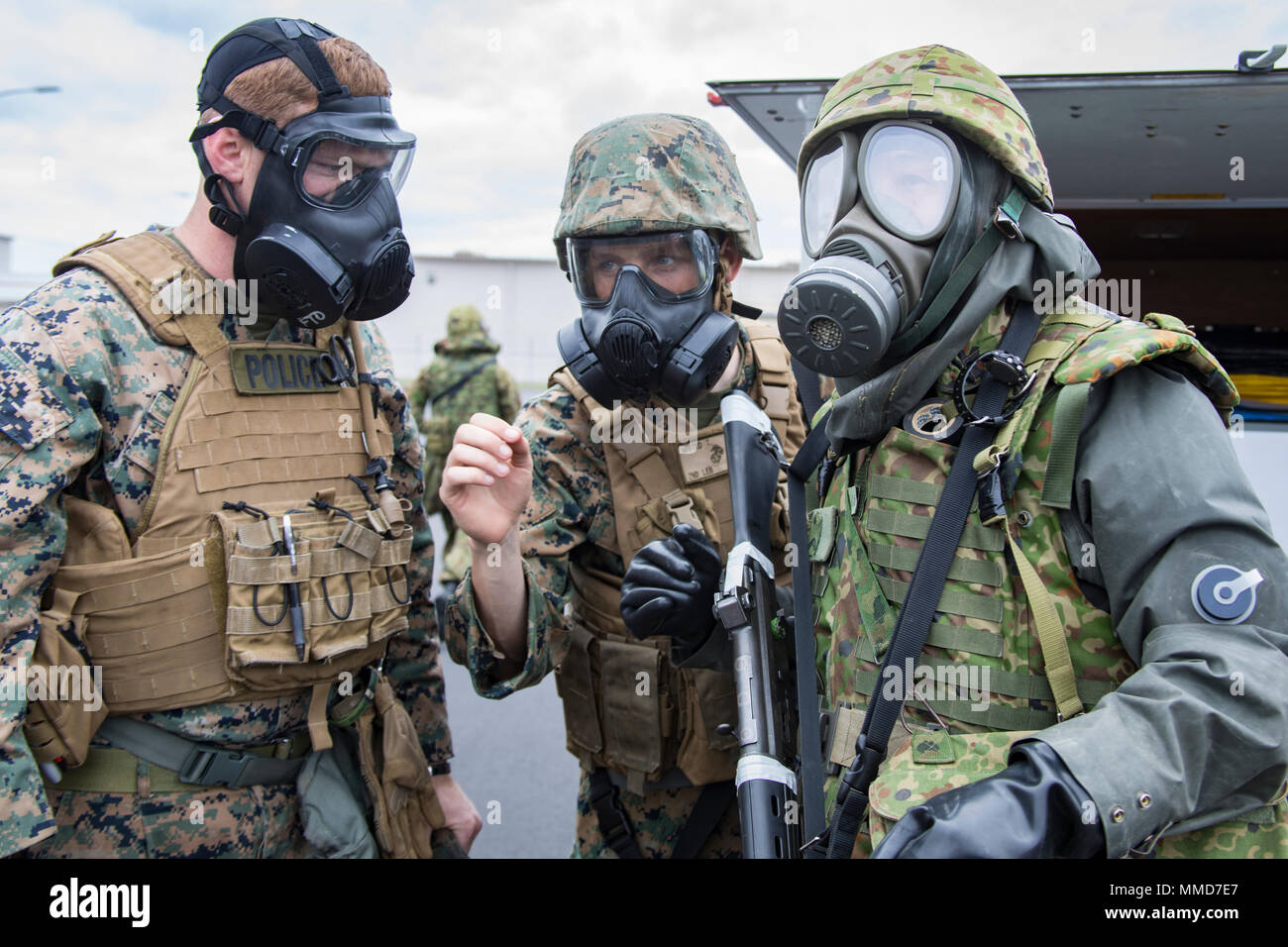 U S Marines And Japan Ground Self Defense Force Soldiers Respond To A Simulated Chemical Exposure Drill As Part Of Exercise Active Shield At Marine Corps Air Station Iwakuni Japan Oct 18 17 Active