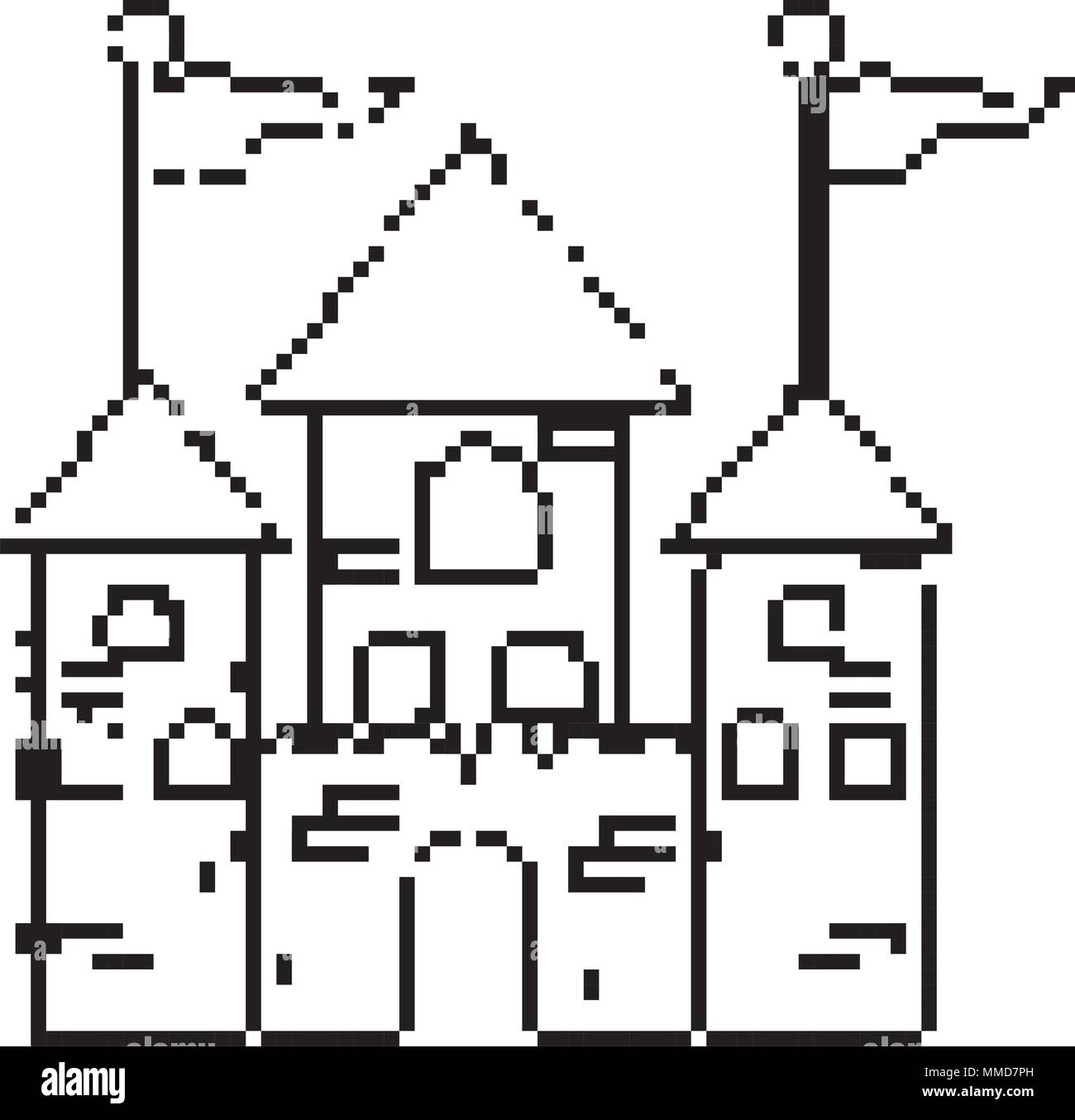 line pixel medieval castle with flags and windows Stock Vector