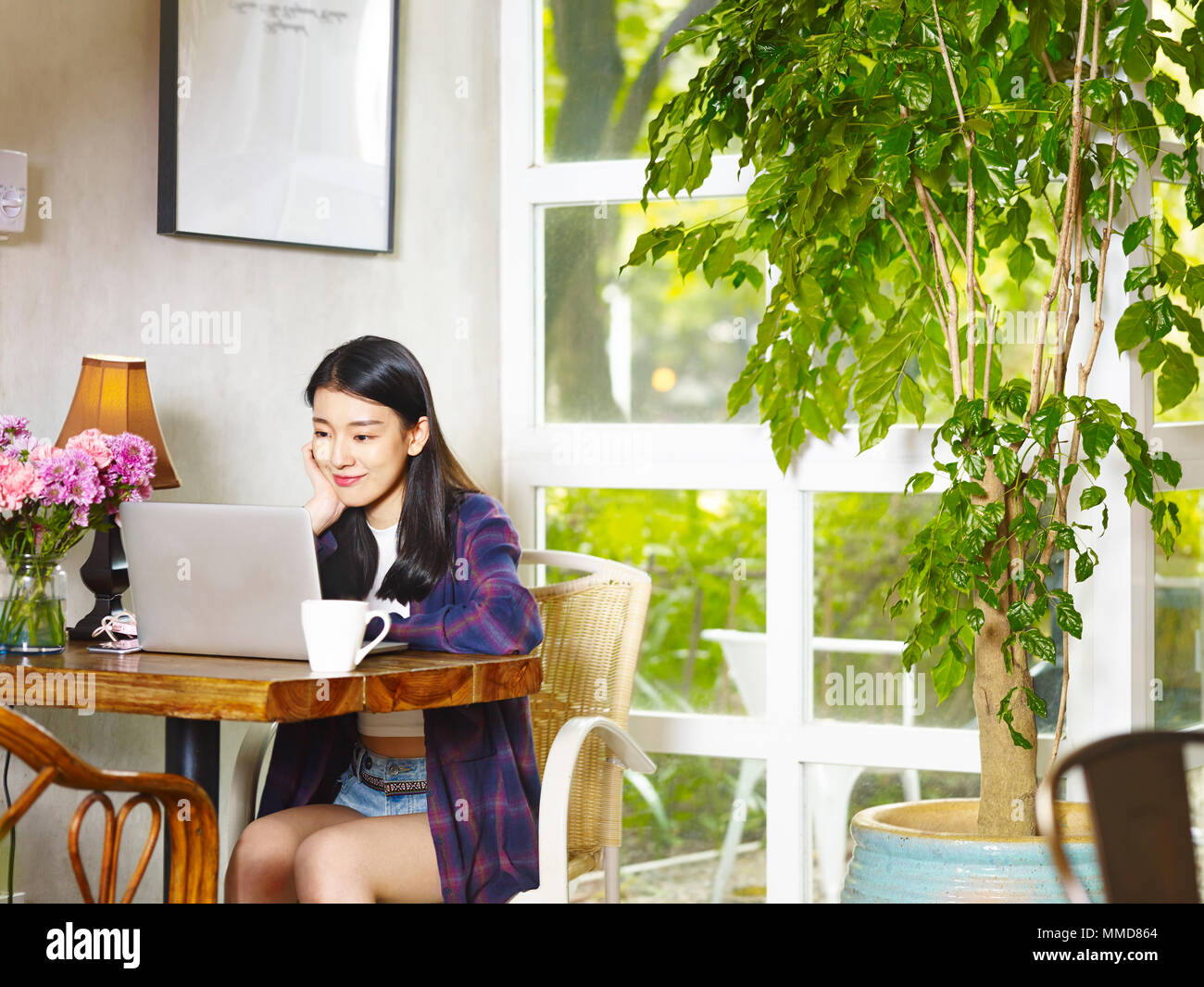 beautiful young asian woman sitting in the corner of coffee shop working using laptop computer. Stock Photo