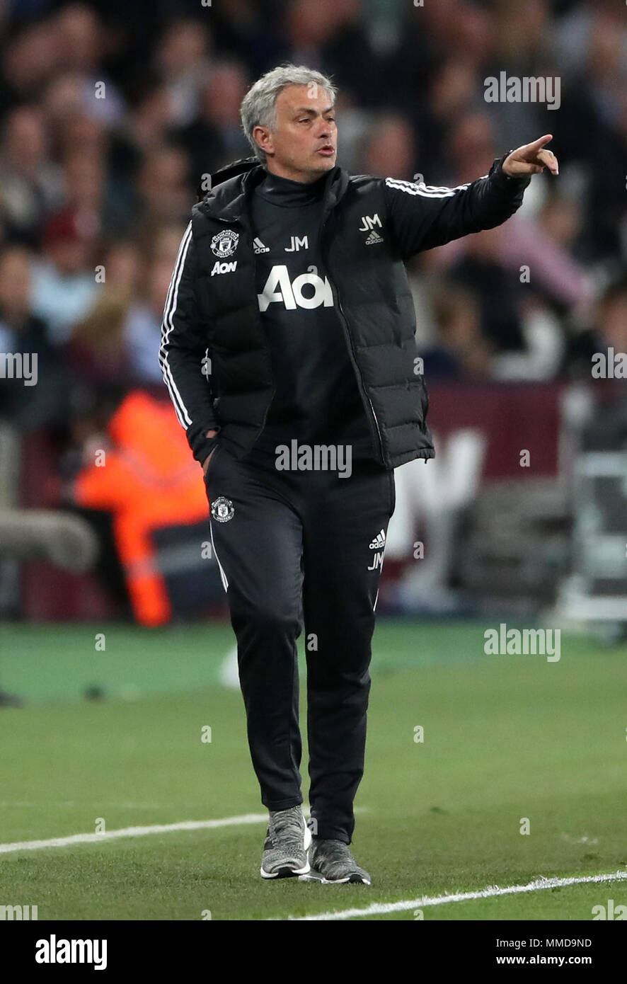 Manchester United manager Jose Mourinho during the Premier League match at London Stadium. PRESS ASSOCIATION Photo. Picture date: Thursday May 10, 2018. See PA story SOCCER West Ham. Photo credit should read: Nick Potts/PA Wire. RESTRICTIONS: No use with unauthorised audio, video, data, fixture lists, club/league logos or 'live' services. Online in-match use limited to 75 images, no video emulation. No use in betting, games or single club/league/player publications. Stock Photo