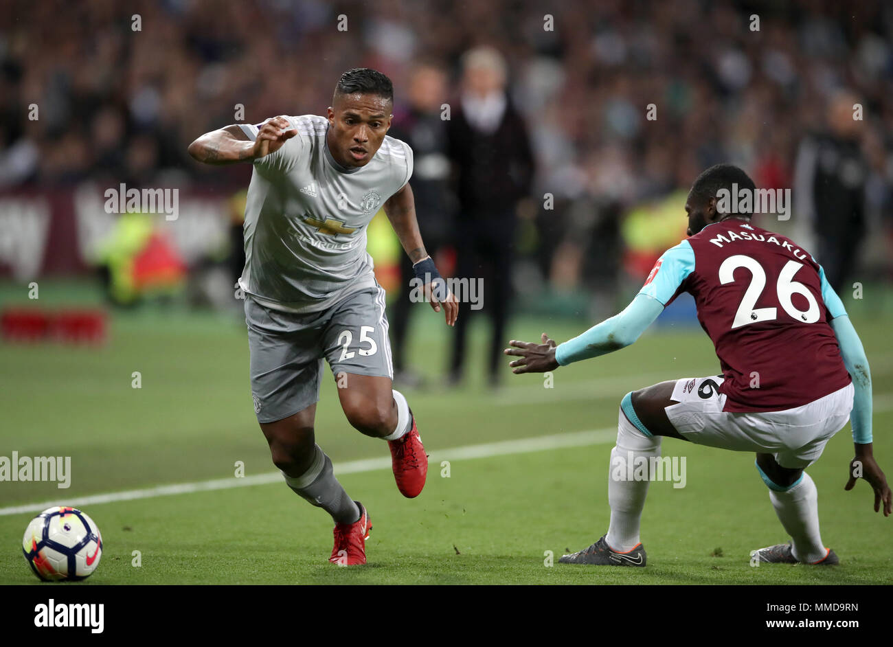 Manchester United's Antonio Valencia (left) during the Premier League match at London Stadium. PRESS ASSOCIATION Photo. Picture date: Thursday May 10, 2018. See PA story SOCCER West Ham. Photo credit should read: Nick Potts/PA Wire. RESTRICTIONS: EDITORIAL USE ONLY No use with unauthorised audio, video, data, fixture lists, club/league logos or 'live' services. Online in-match use limited to 75 images, no video emulation. No use in betting, games or single club/league/player publications. Stock Photo