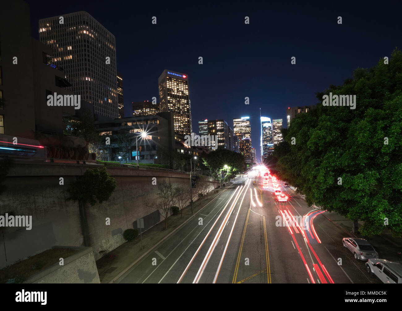 Downtown Los Angeles night traffic , long exposure with light trails