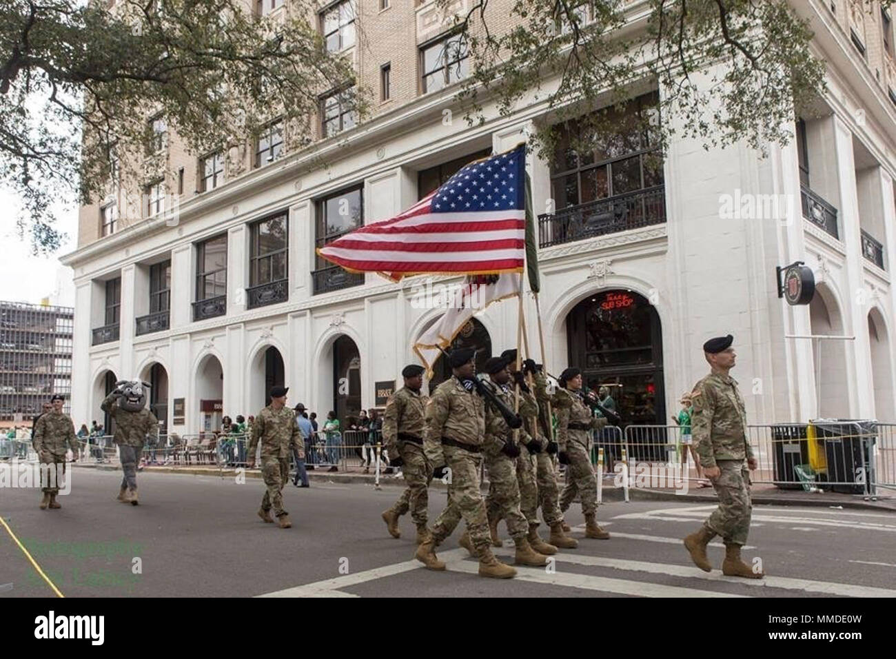 Lt. Col. Theodore Leonard, commander of 2nd Combined Arms Battalion, 69th Armor Regiment, 2nd Armored Brigade Combat Team, 3rd Infantry Division, leads a formation of Dog Face Soldiers while marching in the 2018 St. Patrick's Day parade in Savannah, Ga., Mar. 17. Military units have participated in the parade from its inception.  This year 3ID Soldiers had the unique opportunity to march right behind Vice President of the United States, Mike Pence.  Pence was on hand to visit with Savannah city officials and witness the nation's second-largest St. Patrick's Day parade. ( Stock Photo