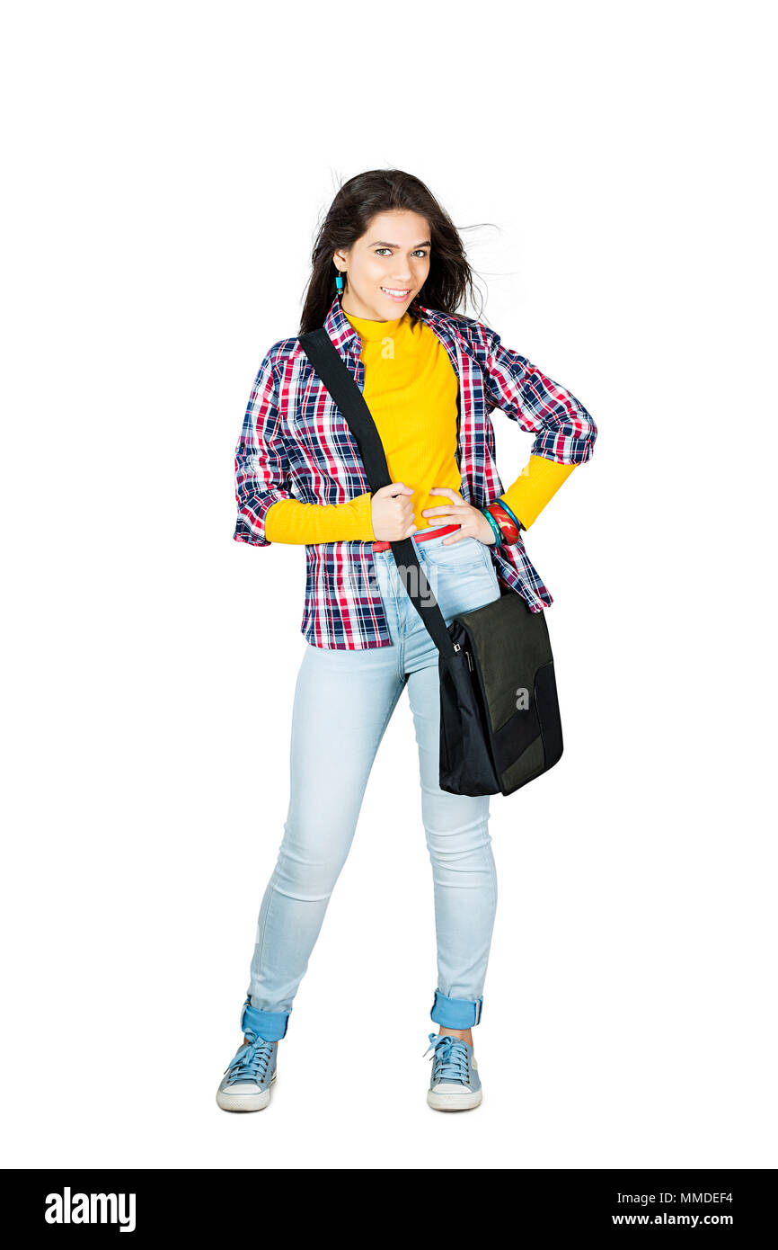 One Young Lady College Student Carrying Bag On White Background Stock Photo