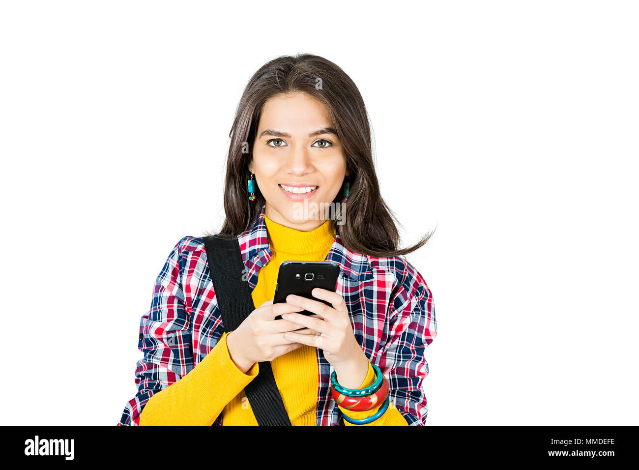 Think One Young Woman College Student Reading Text-Message Smartphone Stock Photo