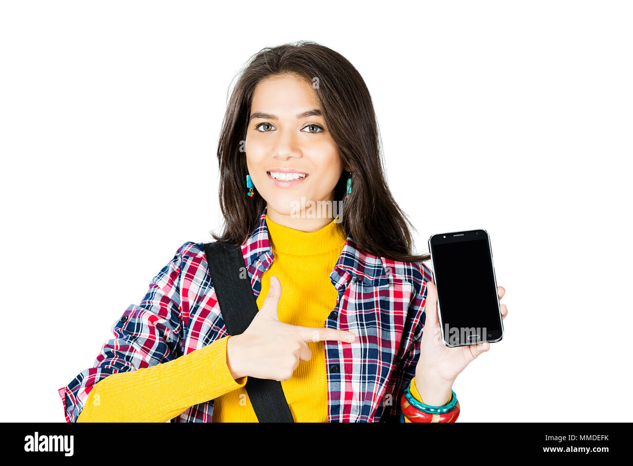 One Young Woman College Student Using Smartphone And Showing Thumbs-up Success Stock Photo