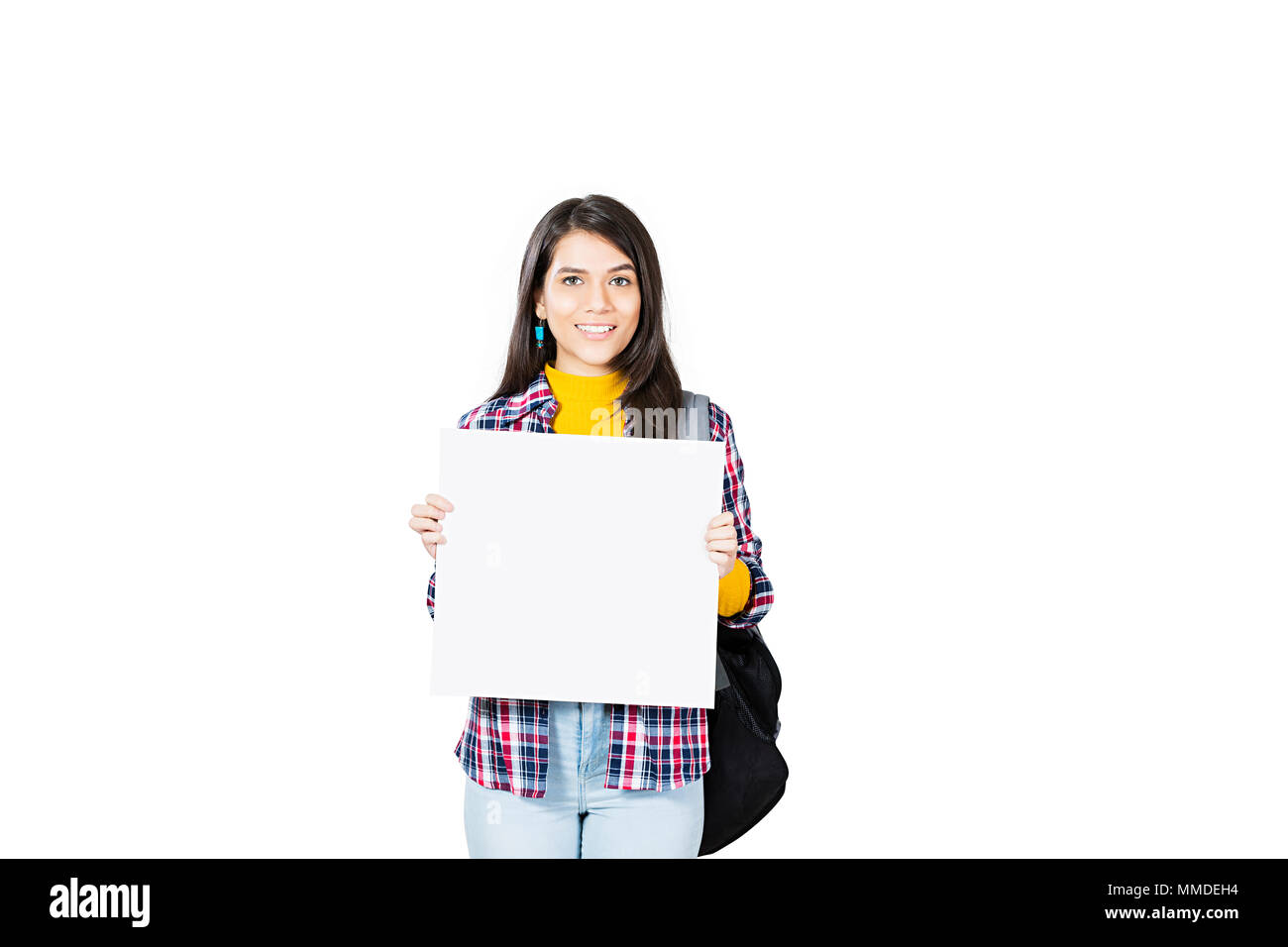 One Young Woman College Student Holding Blank White Board Education Stock Photo