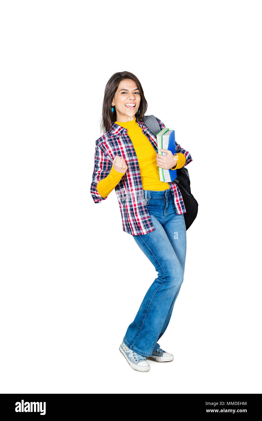 One Teenager Girl College Student Carrying Bag With Books Smiling Stock Photo