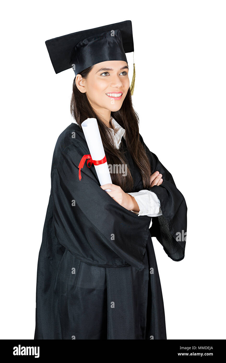 College Girl student graduation gown and Convocation Cap Holding Diploma-Degree Stock Photo