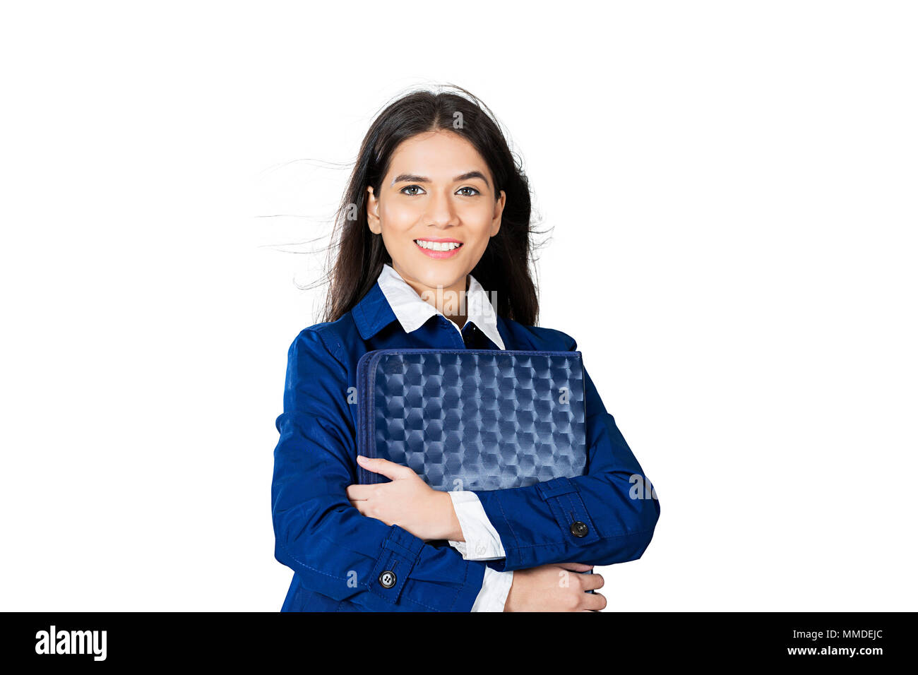 One Female Employee Holding Office Files Reading Text-Message SMS Smartphone Stock Photo