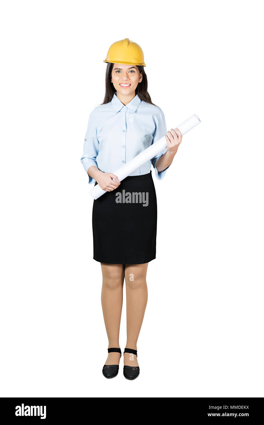 One Engineer Woman Holding blueprint. Real-estate Building Construction. Illustration Painting Stock Photo