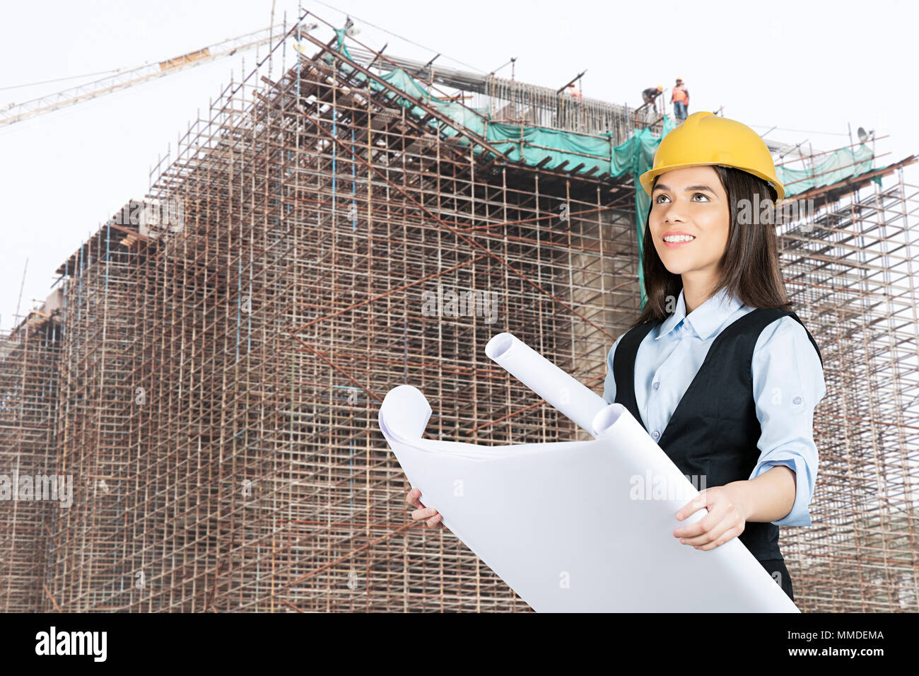 One Architect Woman Checking Map Real estate Project Concept Stock Photo