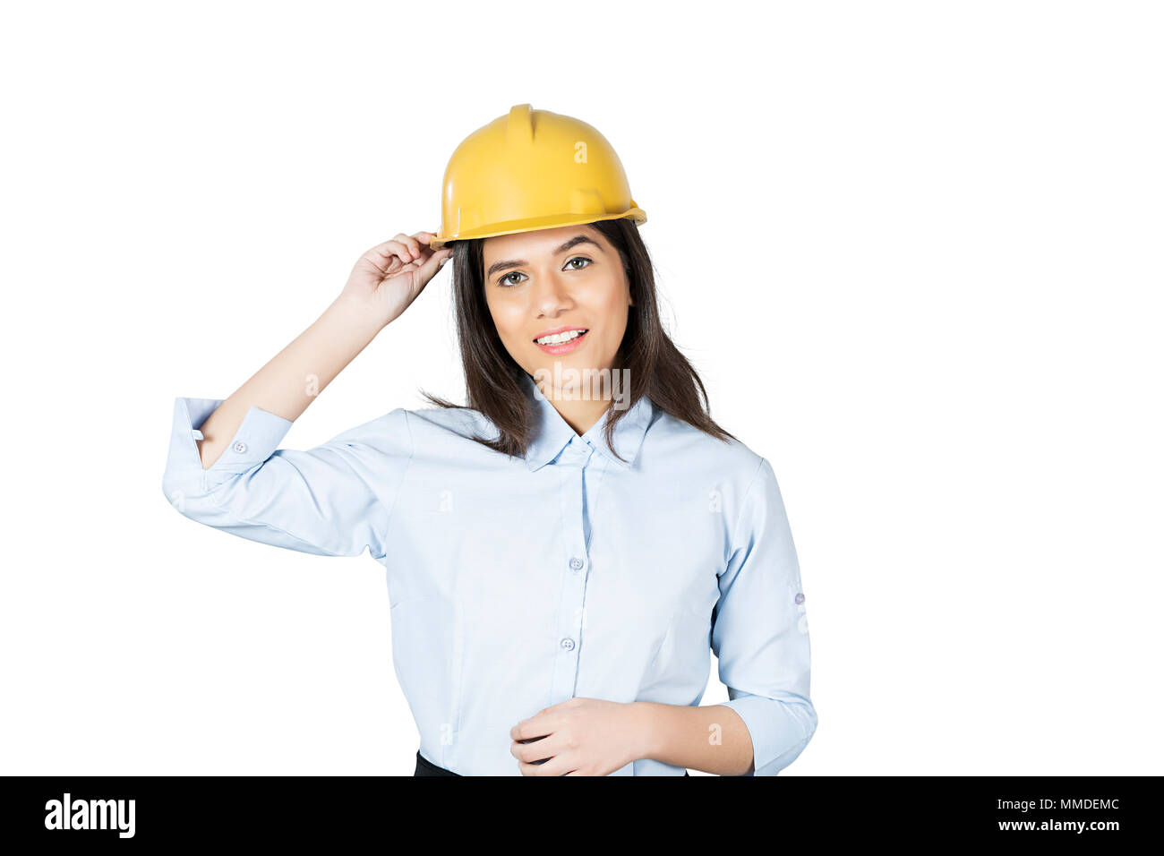 One Woman Engineer Checking Map Real-estate Project Building Construction Site Stock Photo