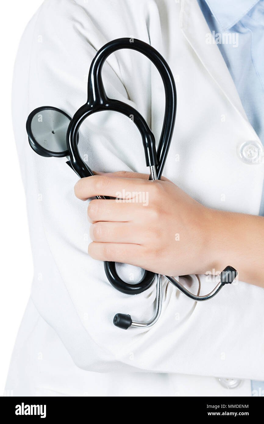 Close-Up Woman Medical Doctor Crossed Arms Holding Stethoscope Midsection Stock Photo