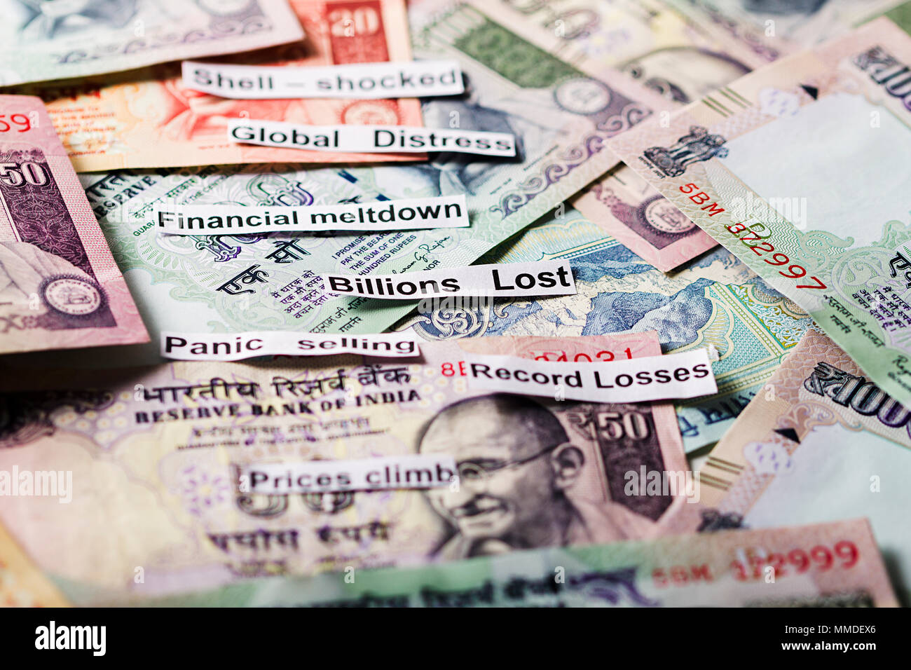 Close-Up Indian Money Rupee Banknotes Global Distress. Stock Market Nobody Stock Photo