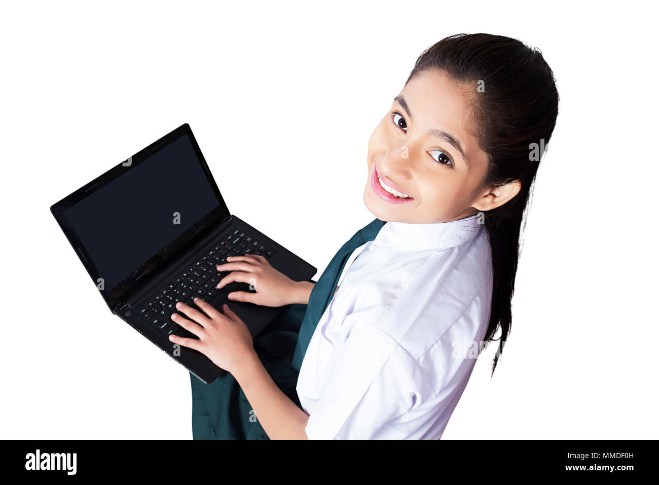 Smiling One Teenage School Girl Student Using Laptop Study E-Learning Stock Photo