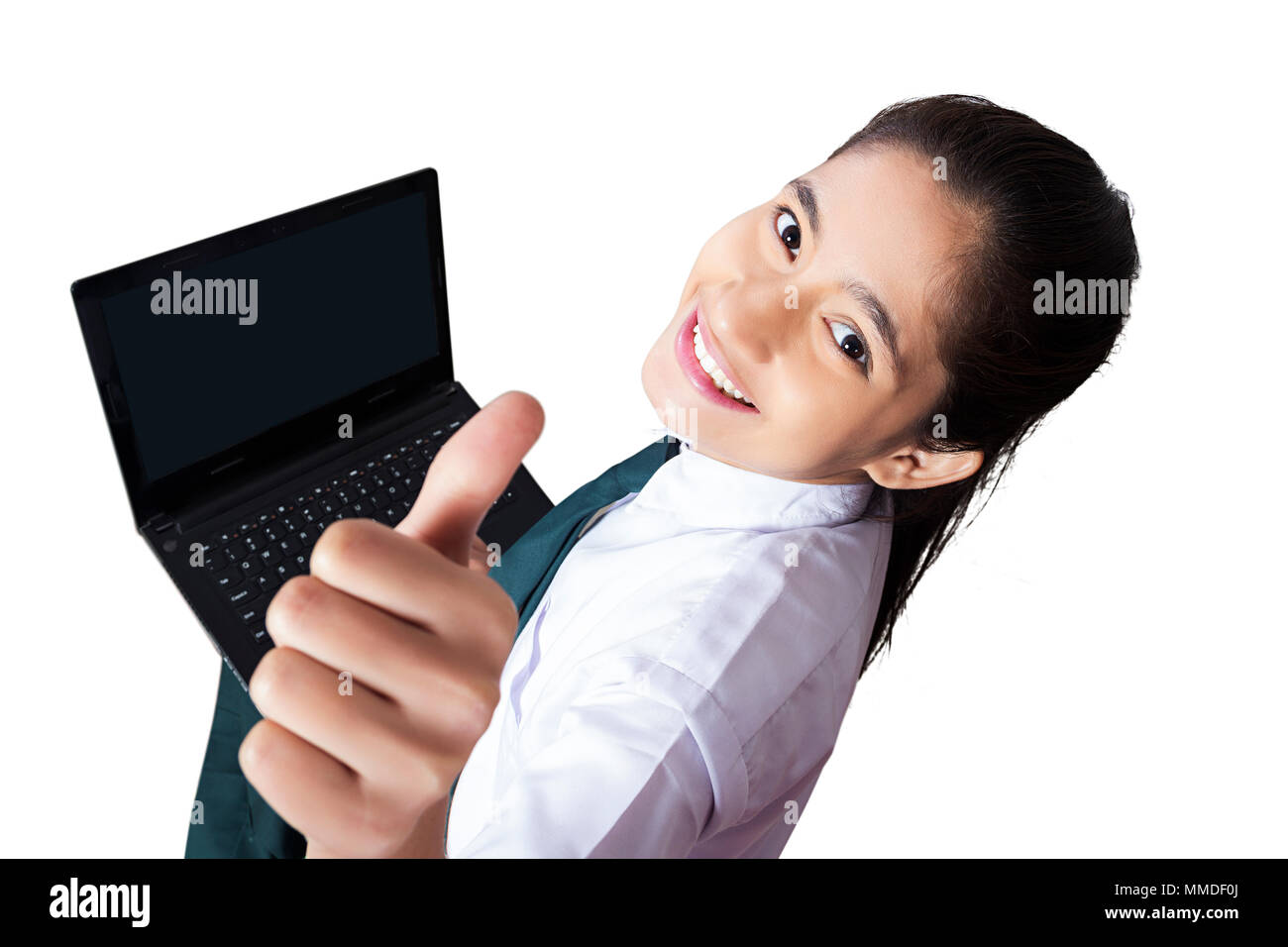 One School Girl Student Showing Thumbs-up With Laptop Study Education Stock Photo