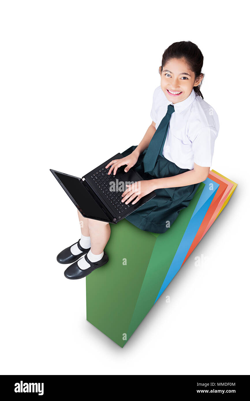 One Teenage School Girl Student Sitting Illustration-Graph laptop Working E-Learning Stock Photo