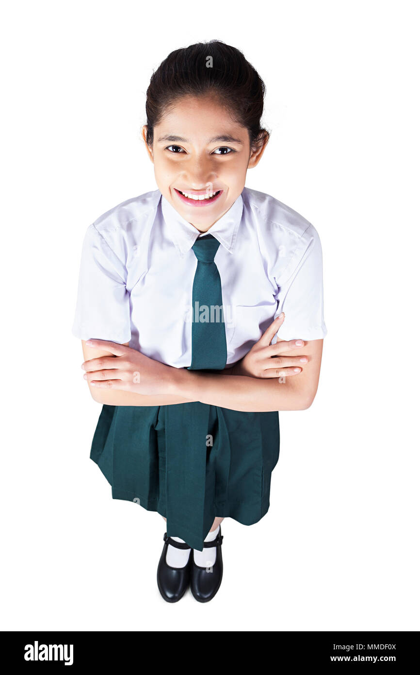 One Teenage Girl School Student Crossed Arms Standing Full-Length Stock Photo