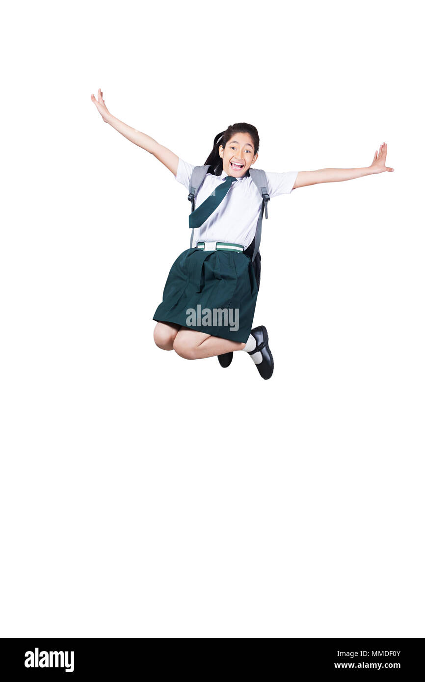 One Teenager Girl School Student Jumping Fun Cheerful Successful Celebration Stock Photo