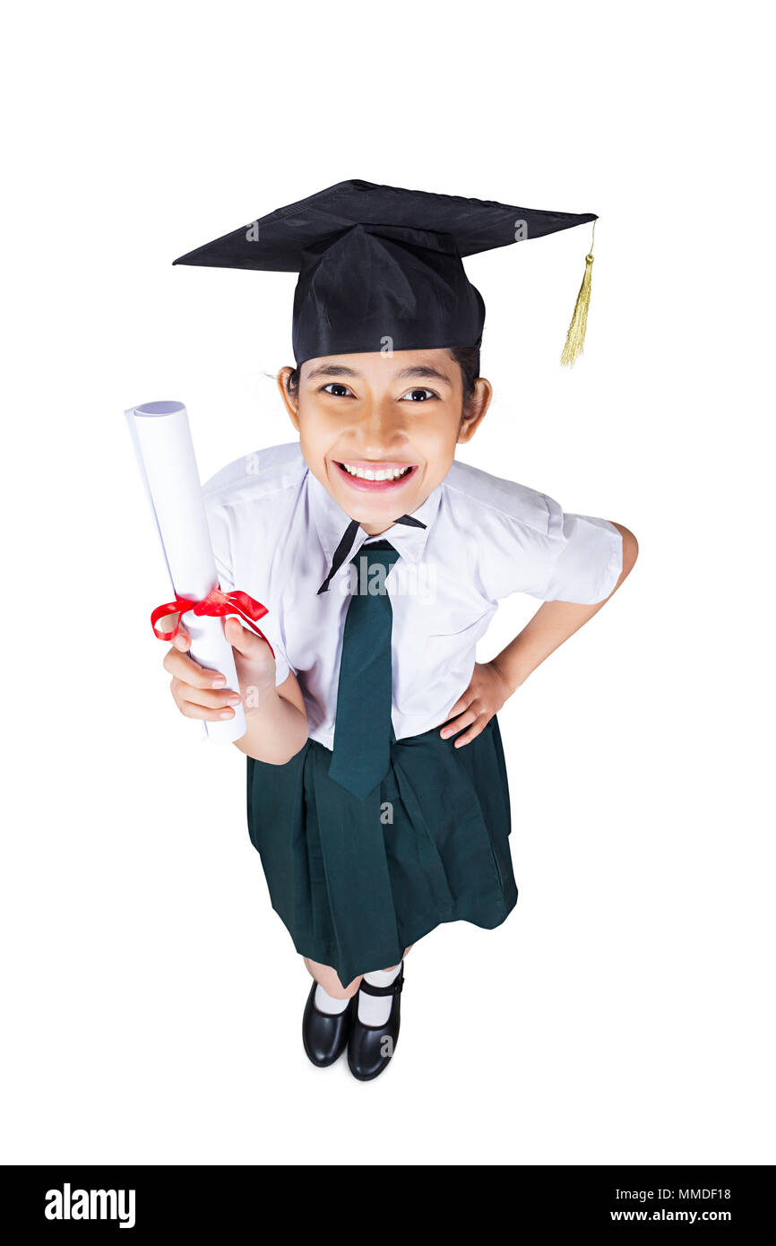 One Teenage School Girl Student wearing convocation-cap and showing degree Stock Photo