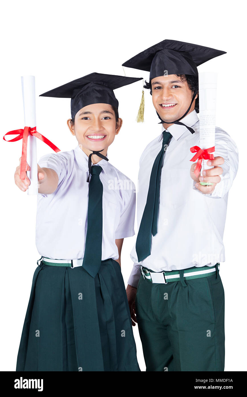 Two School students Classmate In graduation cap holding diploma certificate Stock Photo