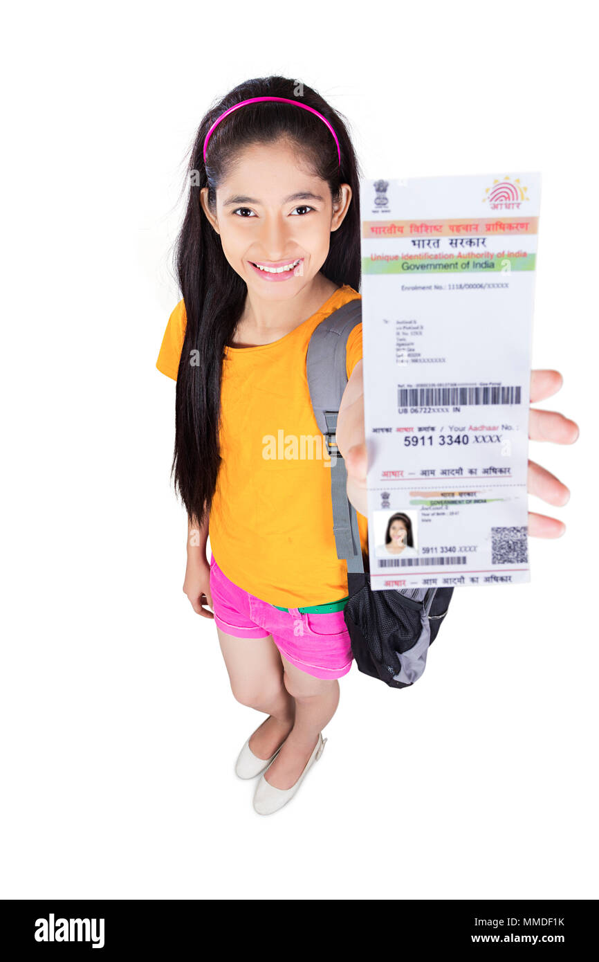 One Young Girl College Student Showing Aadhaar-Card Government Id Proof Stock Photo