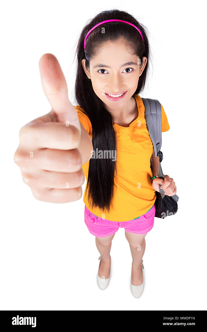 One Young Girl College Student With Bag Showing thumbs-up Success Education Stock Photo