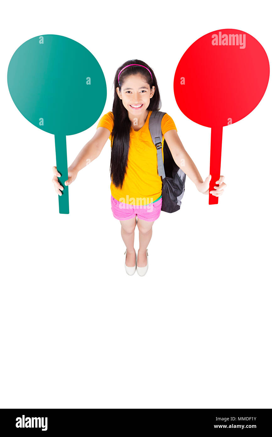 One Teenage Girl College Student Showing Red And Green Boad Stock Photo