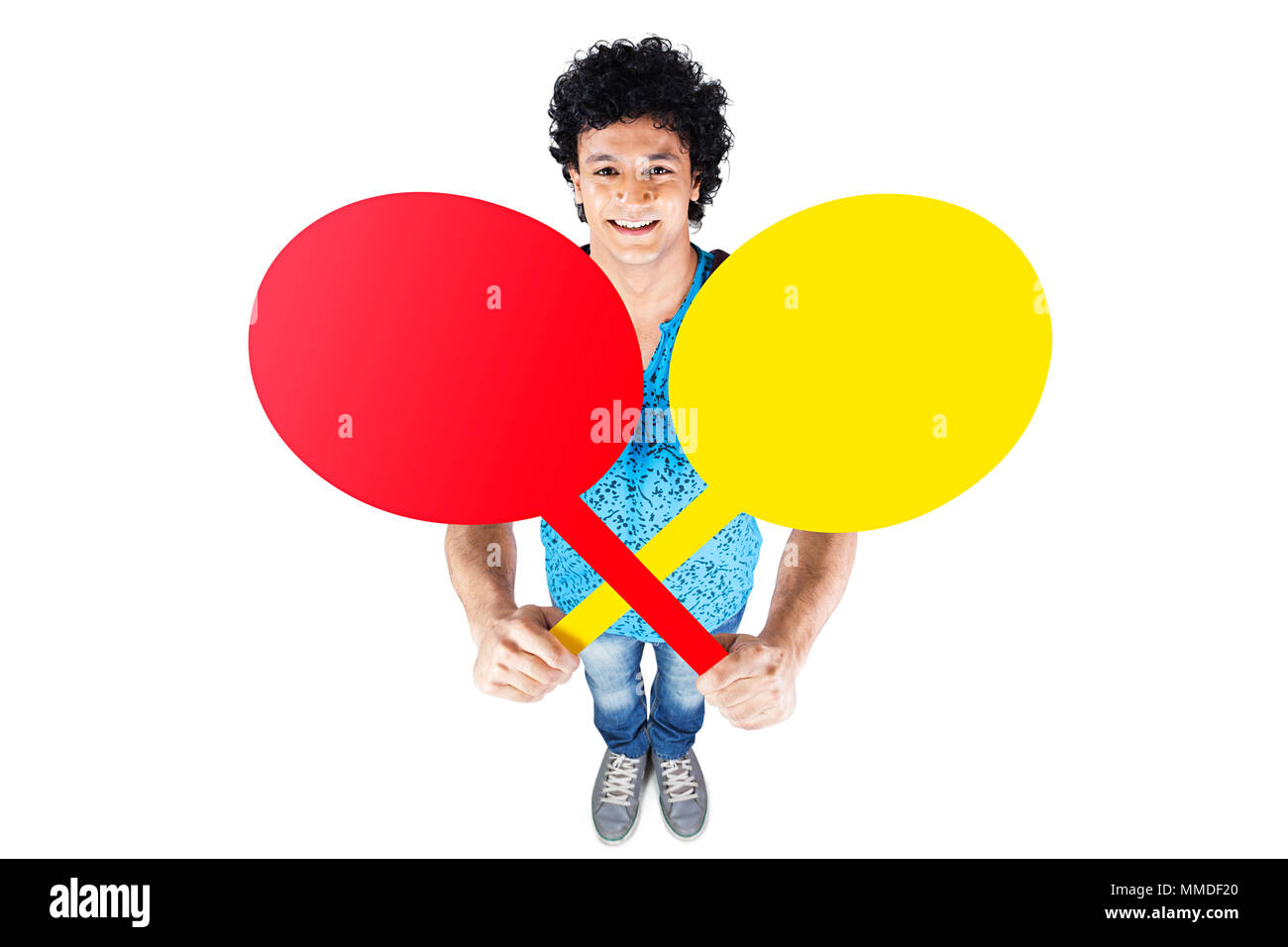 One Teenage Boy College Student Showing Red And Yellow Boad Stock Photo