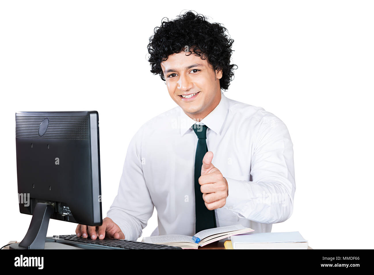 One High School Boy Student Showing Thumbs Up Computer Study In