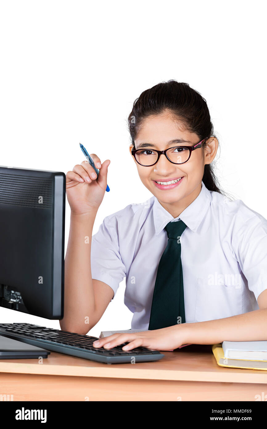 One High School Girl Student Using Compute Studying Education-Learning Classs Stock Photo