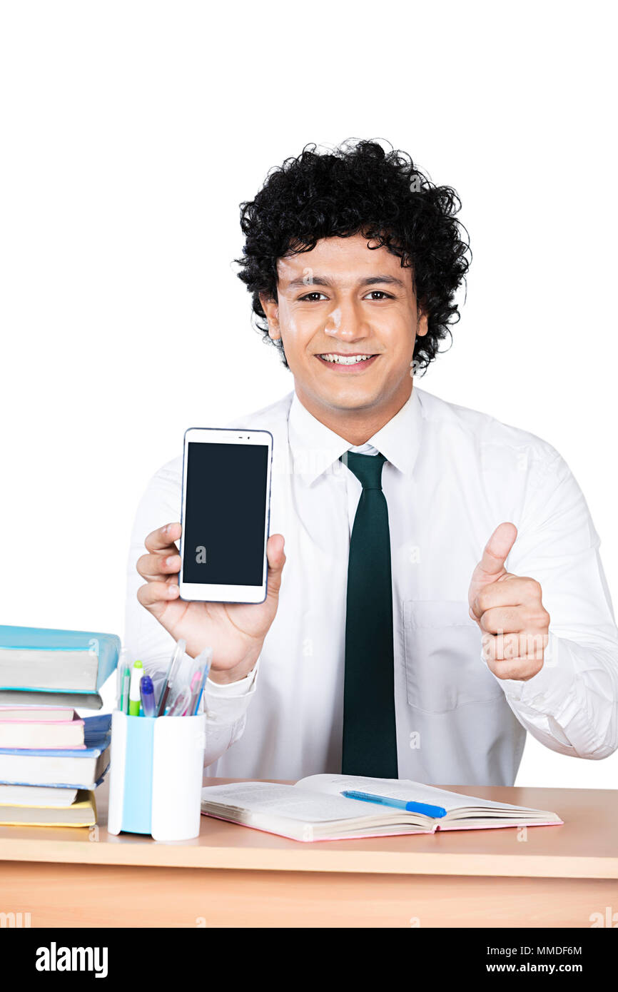 One High School Boy Student Showing Thumbs-up With Mobile Phone Stock Photo