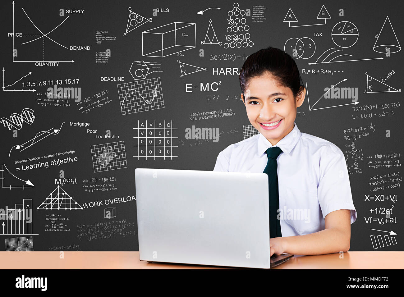One High School Girl Student Laptop Working Studying E-Learning In-Class Stock Photo