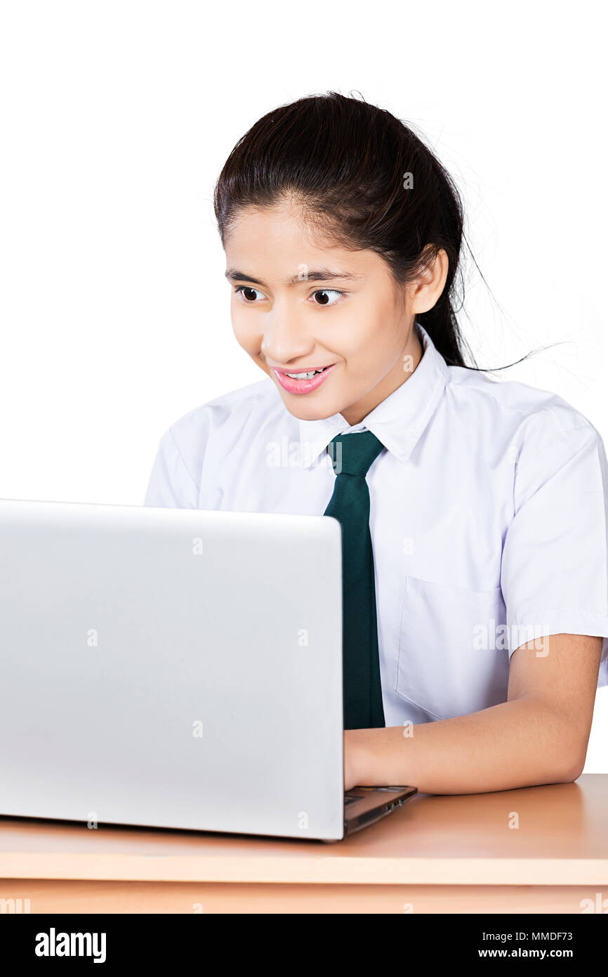 One High-School Girl Sitting At-Table Laptop Working Studying E-Learning In-Classroom Stock Photo